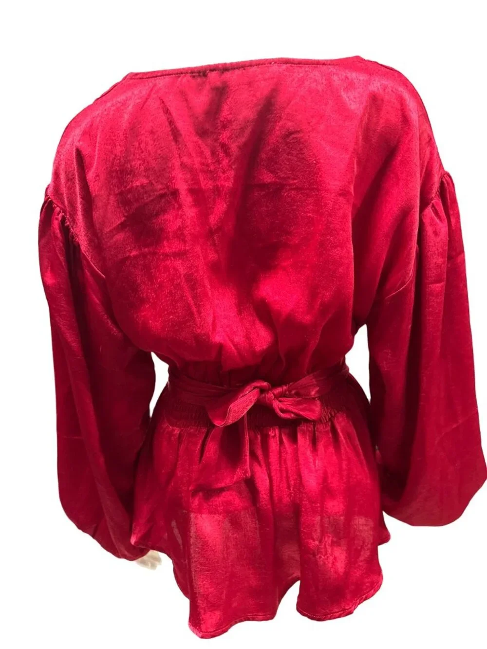 A Calin Size Sm Red Satin Wrap Blouse Peplum Balloon Sleeve Holiday Glamcore Top - Picture 4 of 10